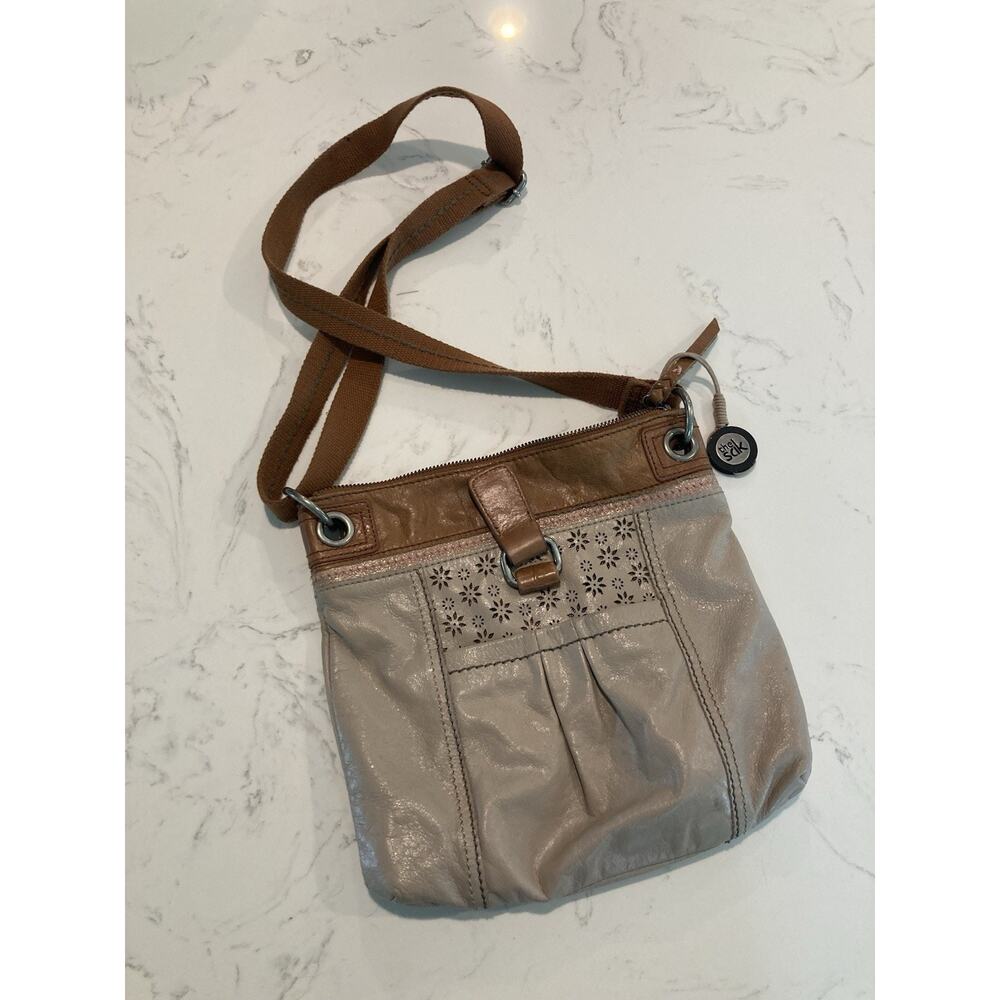 The Sak Kendra Pebbled Leather Crossbody Bag Purse Canvas Strap Beige Brown Pink